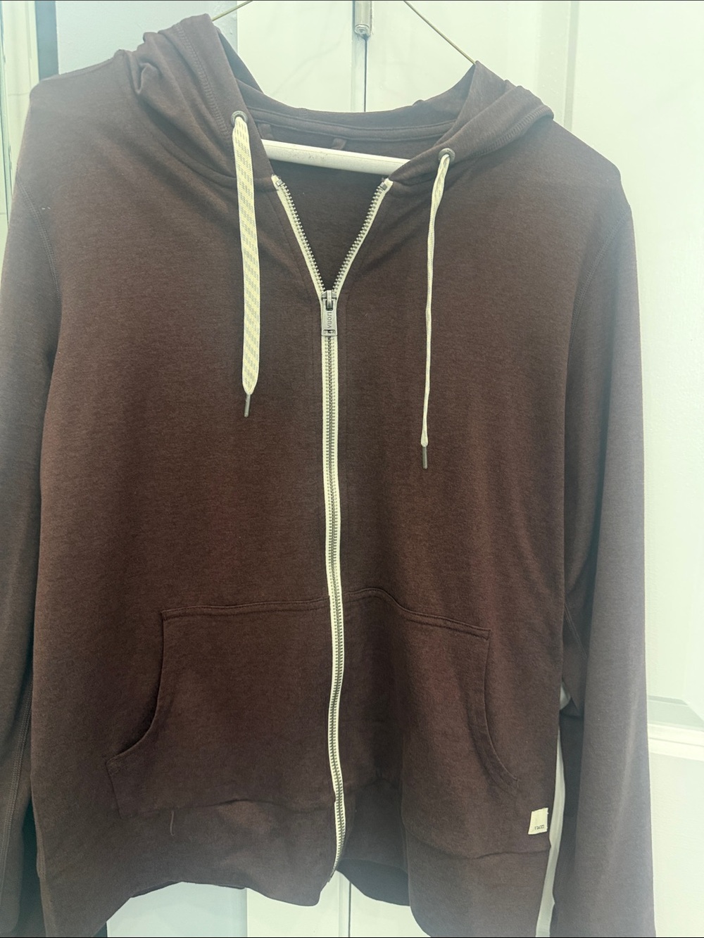 Vuori Chocolate Brown Full-Zip Hoodie with Cream Drawstrings